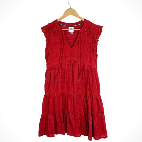Knox Rose Dresses & Skirts - Knox Rose Womens Red Mini Dress Lace Tassel Sz Med Tiered Shift Ruffle Sleeves